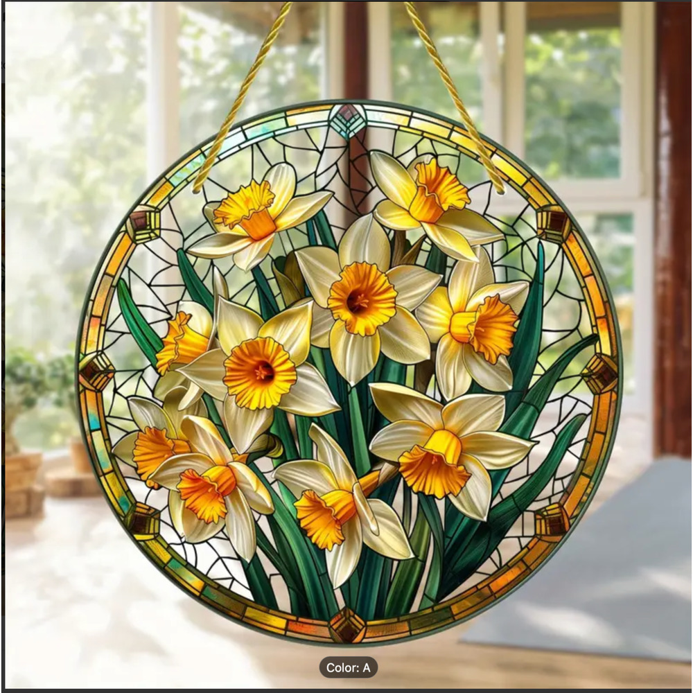 Acrylic , Stained Glass Look, 2D Suncatcher, 8" Daffodil/ Buttercup Design
